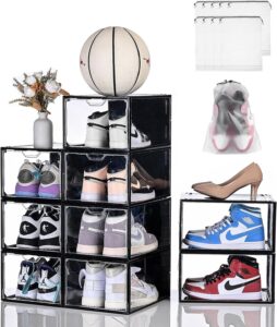 jphoiy box shoe storage boxes clear stackable, 9 packs shoe organizer for closet,sneaker box, strong and sturdy fit up to maximum size of us12