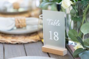 table numbers for events/weddings - 1-20 numbered acrylic table number holders - rustic table number stands w/wooden base - wedding table numbers - acrylic table signs for receptions, parties & more