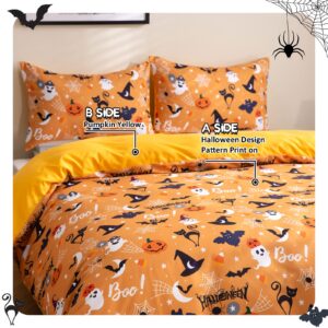 Luxudecor Halloween Duvet Cover Set King Size Pumpkin Bat Tombstone Witch Hat Cobweb Pattern Duvet Cover Orange Soft Microfiber Halloween Themes Bedding Set Kids Gift(3pcs, 104"x90")