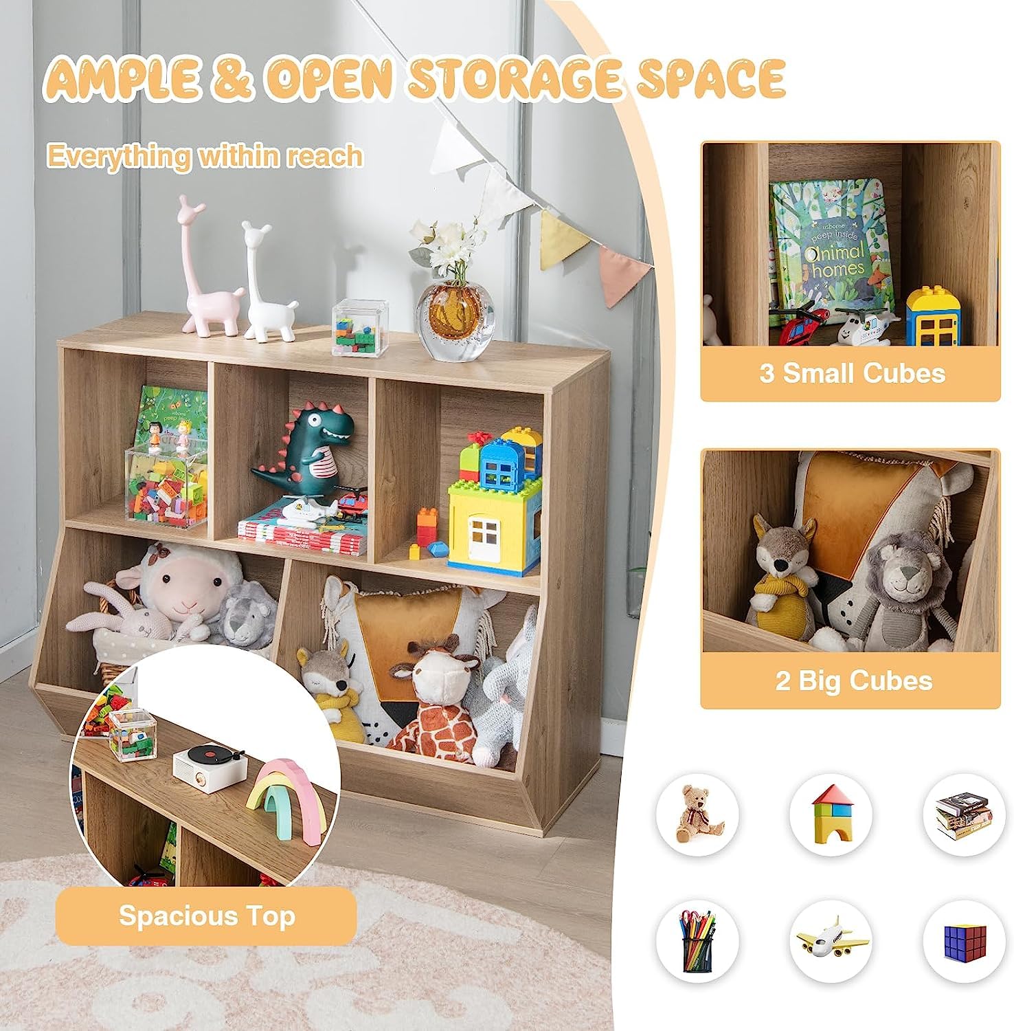 Nightcore 5-Cubby Toy Storage Cabinet, Toy Storage Organizer with Anti-Toppling Kits, Kids Bookcase & Bookshelf, Toy Storage Cubby for Playroom, Bedroom, Nursery & School (Natural)