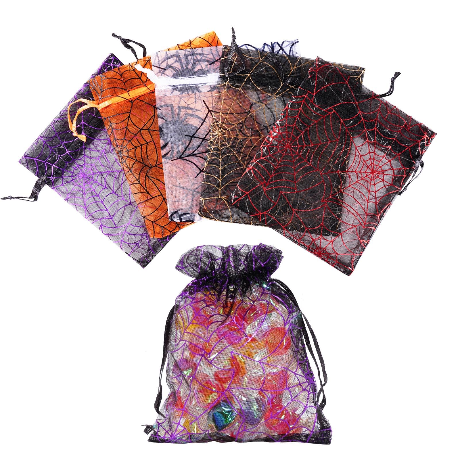 100PCS Halloween Organza Bags Gift Jewelry Candy Bags for Halloween Party Including 5 Patterns 4x4.8Inch