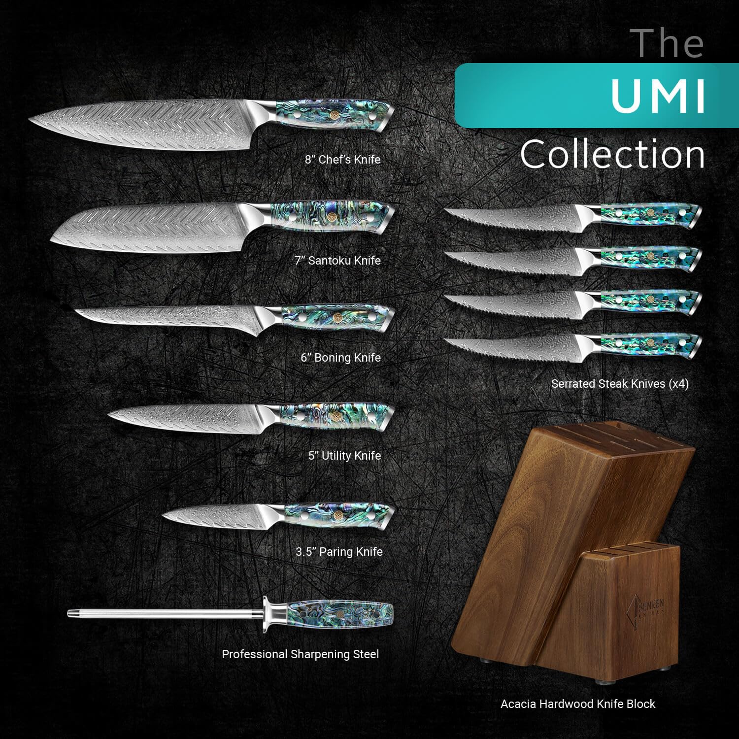 SENKEN 11-Piece Damascus Knife Block Set with Abalone Shell Handle - "Umi" Collection Japanese Chef Knife Set - 67-Layer Japanese VG10 Steel, Chef Knife, Paring Knife, 4 Matching Steak Knives & More