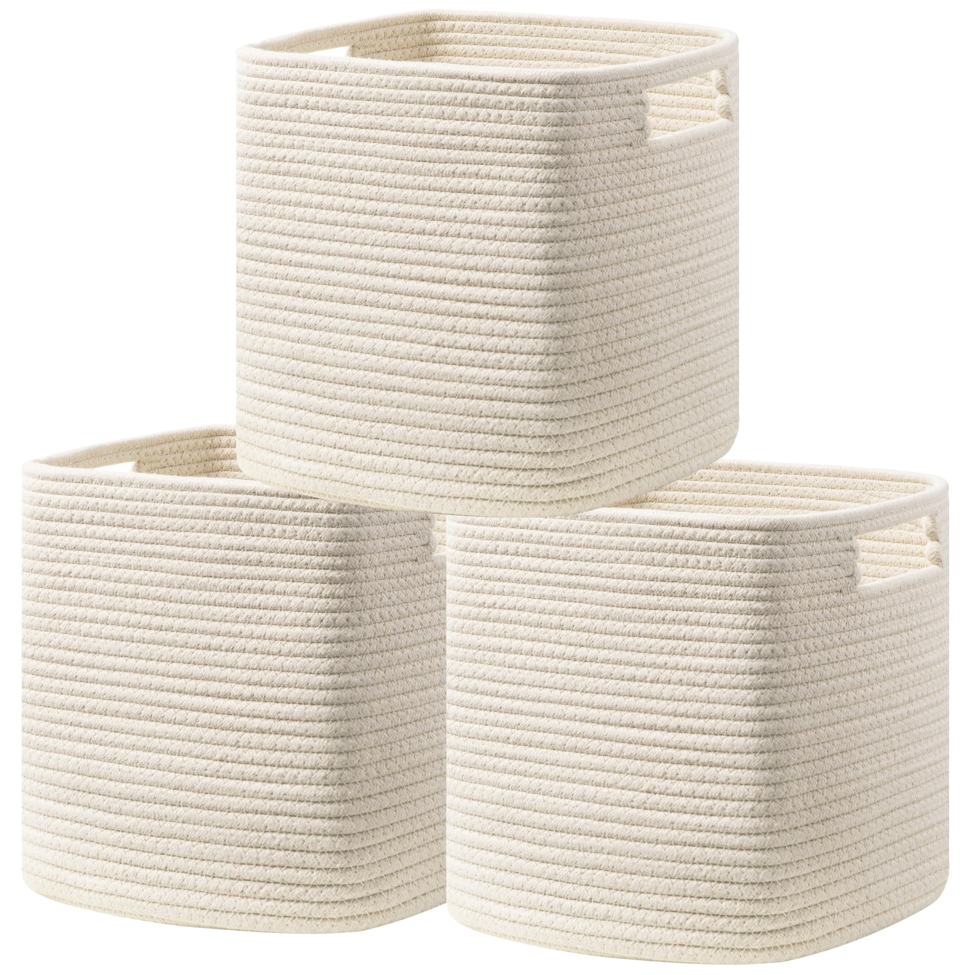 UBBCARE Set of 3 Cotton Rope Basket 13 X 13 X 13 Inches, Woven Storage Baskets for Shelves, Organizing with Handles, Cube Storage Bins for Storage Books, Magazines, Beige