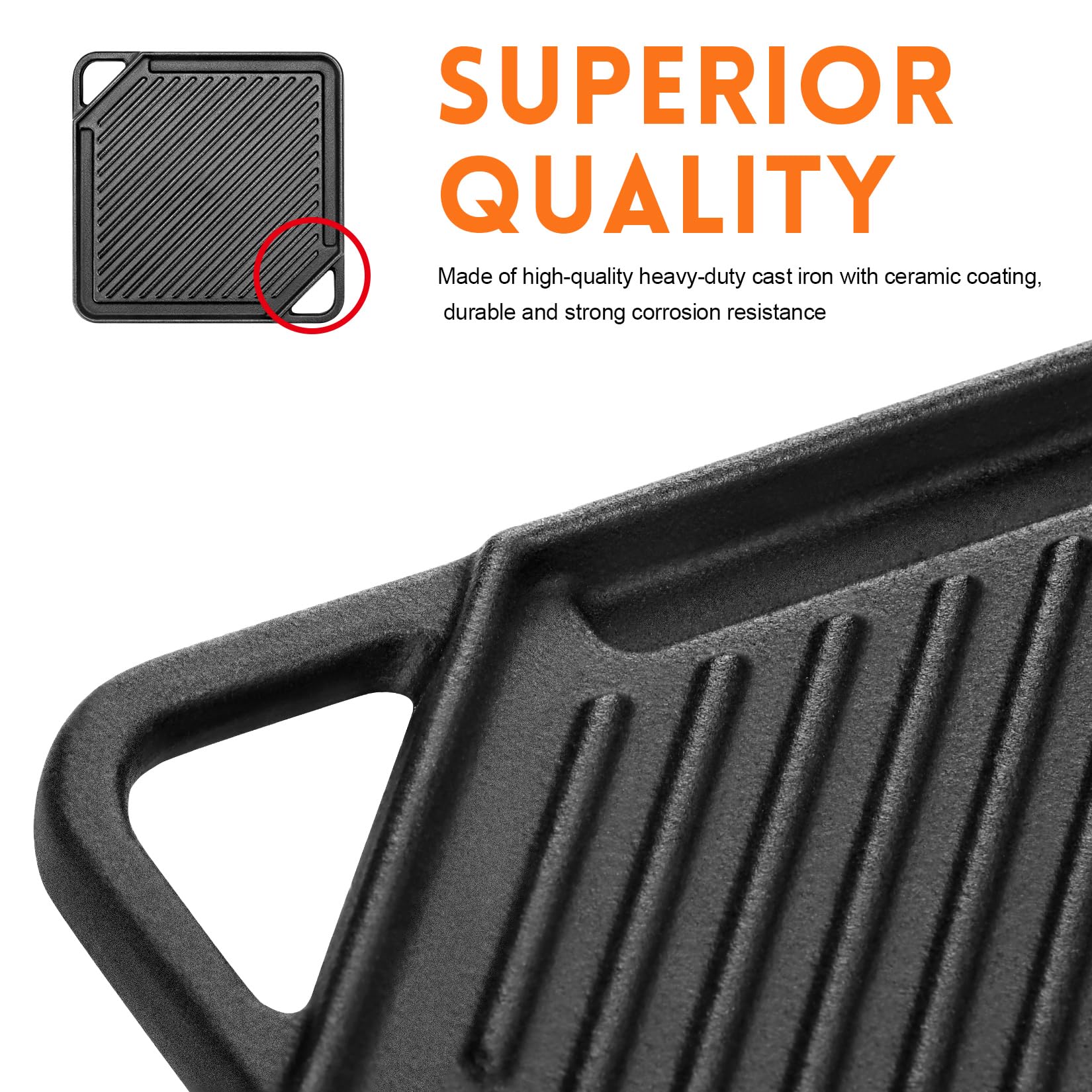 GGC Cast Iron Reversible Griddle, 2-In-1 Griddle Pan for Gas Grills and Stove Tops, 10 x 10 Square Baking Flat and Ribbed Griddle Plate