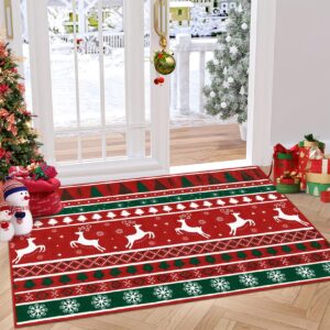 rugsreal christmas area rug 2x3 winter christmas tree and snowflake area rug for entryway christmas doormat non-slip rug washable floor cover for living room bedroom, red, 2x3 feet