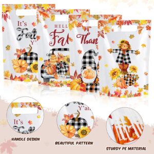 Qilery 100 Pcs Thanksgiving Party Plastic Favor Bags Fall Party Treat Bags Autumn Party Candy Bags Maple Leaves Pumpkin Goody Bags with Handles for Thanksgiving Day Autumn Harvest Fall Party Supplies