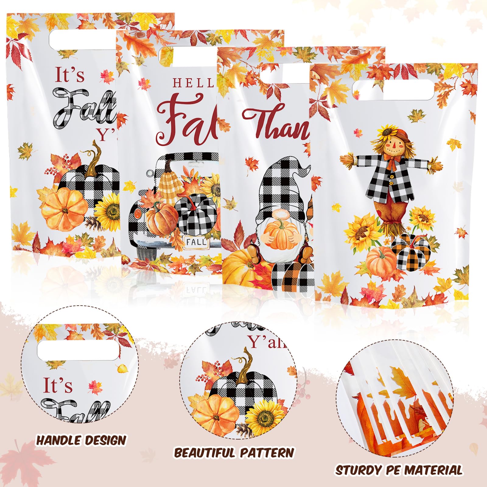 Qilery 100 Pcs Thanksgiving Party Plastic Favor Bags Fall Party Treat Bags Autumn Party Candy Bags Maple Leaves Pumpkin Goody Bags with Handles for Thanksgiving Day Autumn Harvest Fall Party Supplies