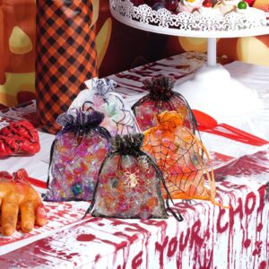 100PCS Halloween Organza Bags Gift Jewelry Candy Bags for Halloween Party Including 5 Patterns 4x4.8Inch