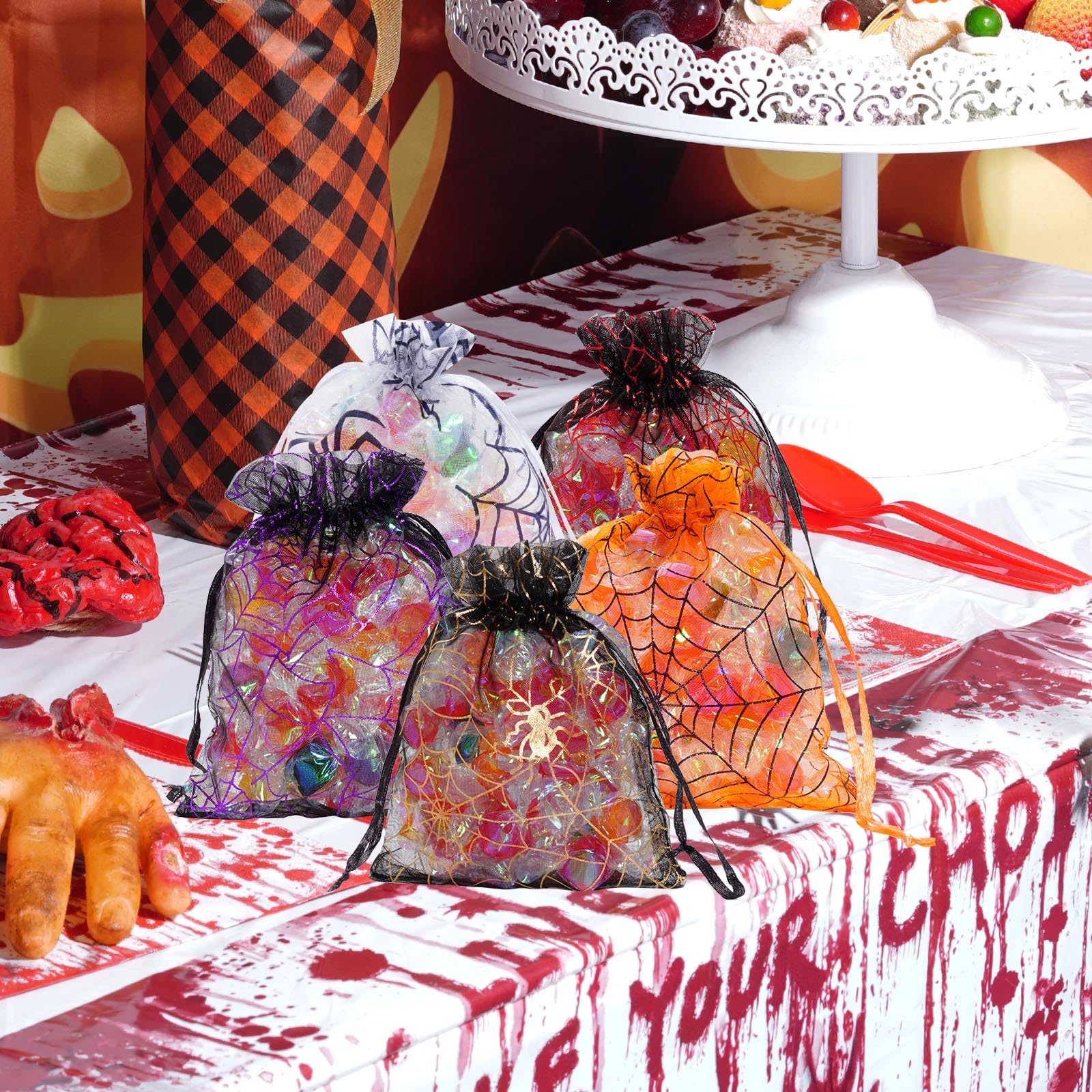 100PCS Halloween Organza Bags Gift Jewelry Candy Bags for Halloween Party Including 5 Patterns 4x4.8Inch