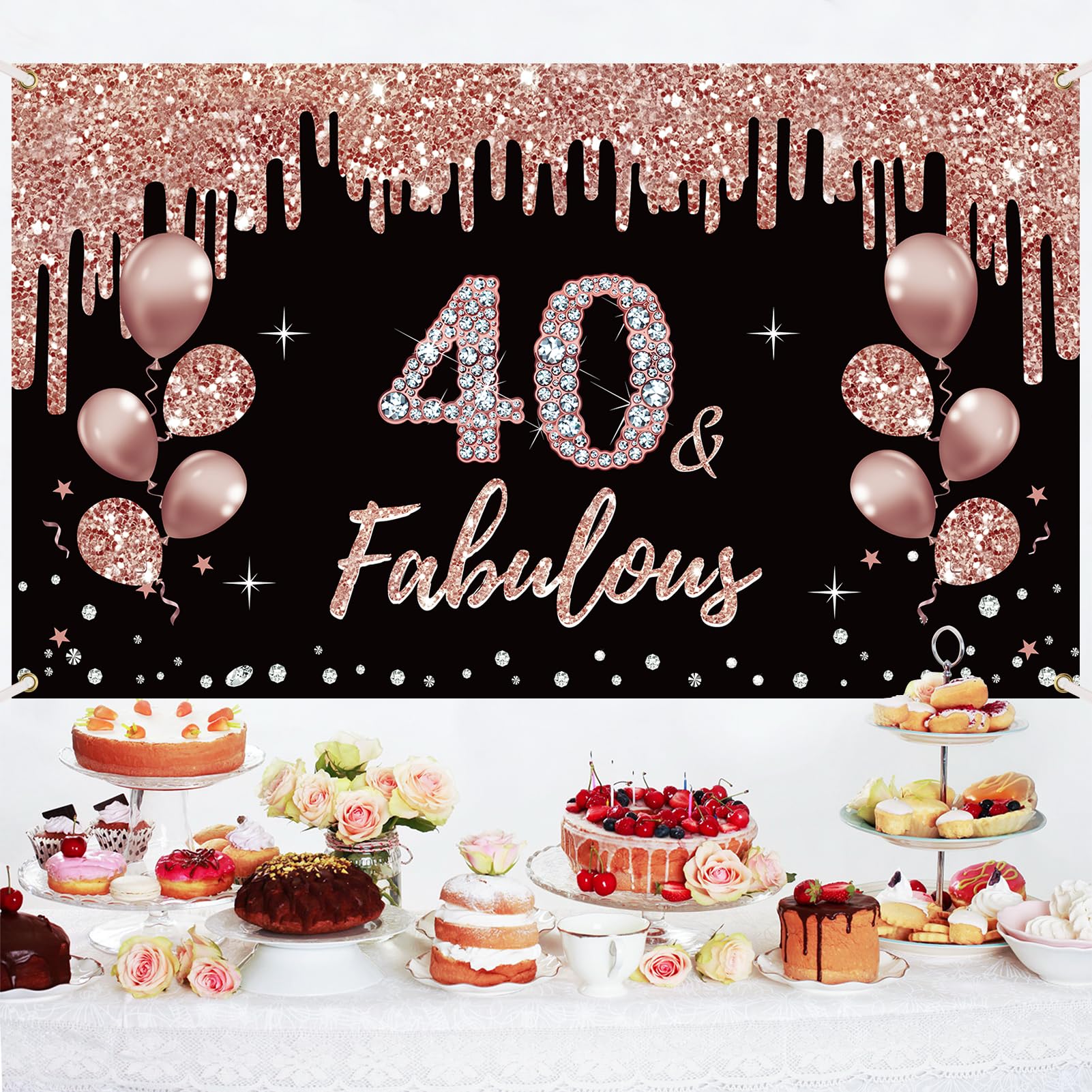 40th Birthday Decorations 40 & Fabulous Birthday Banner for Women, Rose Gold 40 Birthday Theme Sign Party Supplies, Forty Year Old Bday Background Photo Booth for Indoor Outdoor