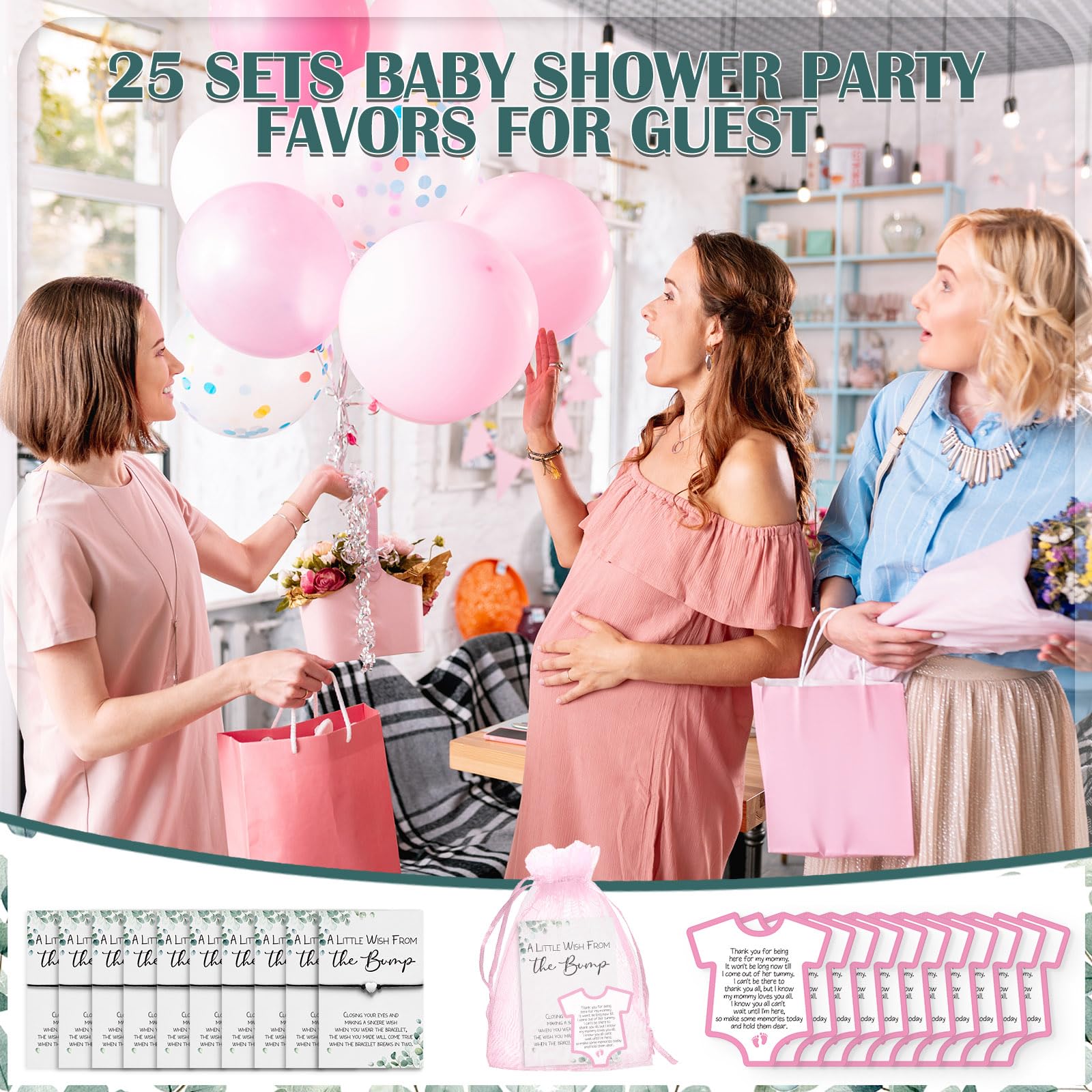 Sasylvia 25 Sets Baby Shower Party Favors for Guest 25 Baby Shower Bracelets Wish Bracelets with Heart Charm 25 Baby Shower Thank You Cards and 25 Organza Bags for Gender Reveal Guests Gifts