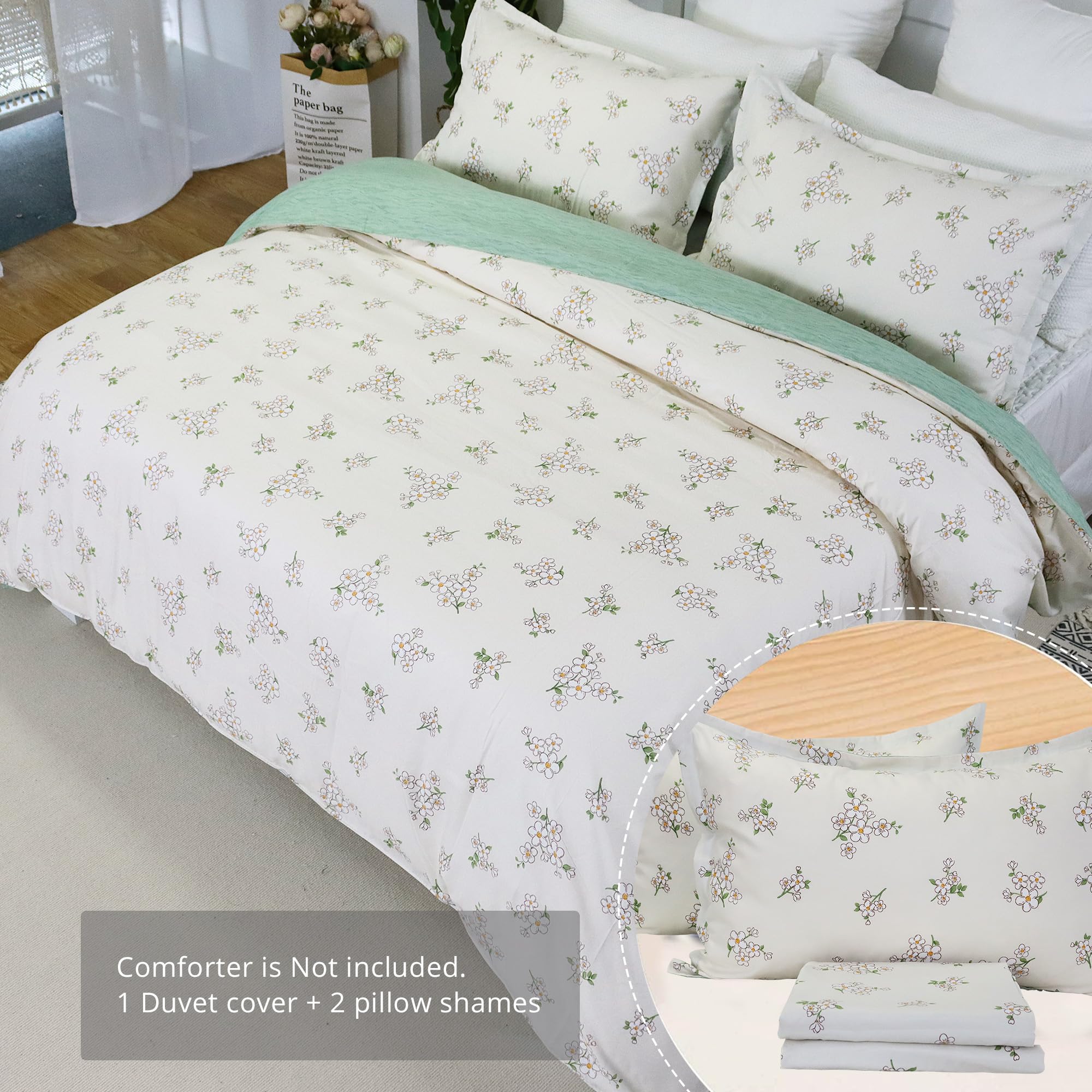 Usfivefam Floral Duvet Cover Set Queen,3pcs Green Floral Printed Duvet Cover Reversible Garden Style Patterned Bedding Set Botanical Comforter Cover with Zipper Closure,Soft and Luxury,90 * 90"