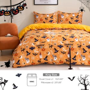 Luxudecor Halloween Duvet Cover Set King Size Pumpkin Bat Tombstone Witch Hat Cobweb Pattern Duvet Cover Orange Soft Microfiber Halloween Themes Bedding Set Kids Gift(3pcs, 104"x90")