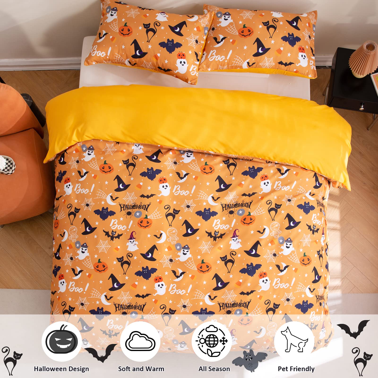 Luxudecor Halloween Duvet Cover Set King Size Pumpkin Bat Tombstone Witch Hat Cobweb Pattern Duvet Cover Orange Soft Microfiber Halloween Themes Bedding Set Kids Gift(3pcs, 104"x90")