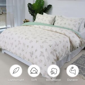 Usfivefam Floral Duvet Cover Set Queen,3pcs Green Floral Printed Duvet Cover Reversible Garden Style Patterned Bedding Set Botanical Comforter Cover with Zipper Closure,Soft and Luxury,90 * 90"