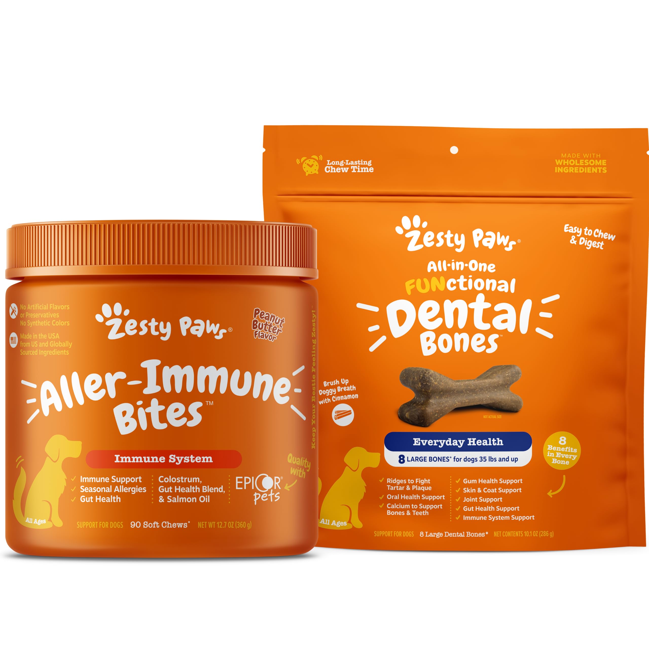 Zesty Paws Allergy Immune Supplement for Dogs - with Omega 3 Salmon Fish Oil + Dental Bones for Large Dogs - Fights Tartar & Plaque