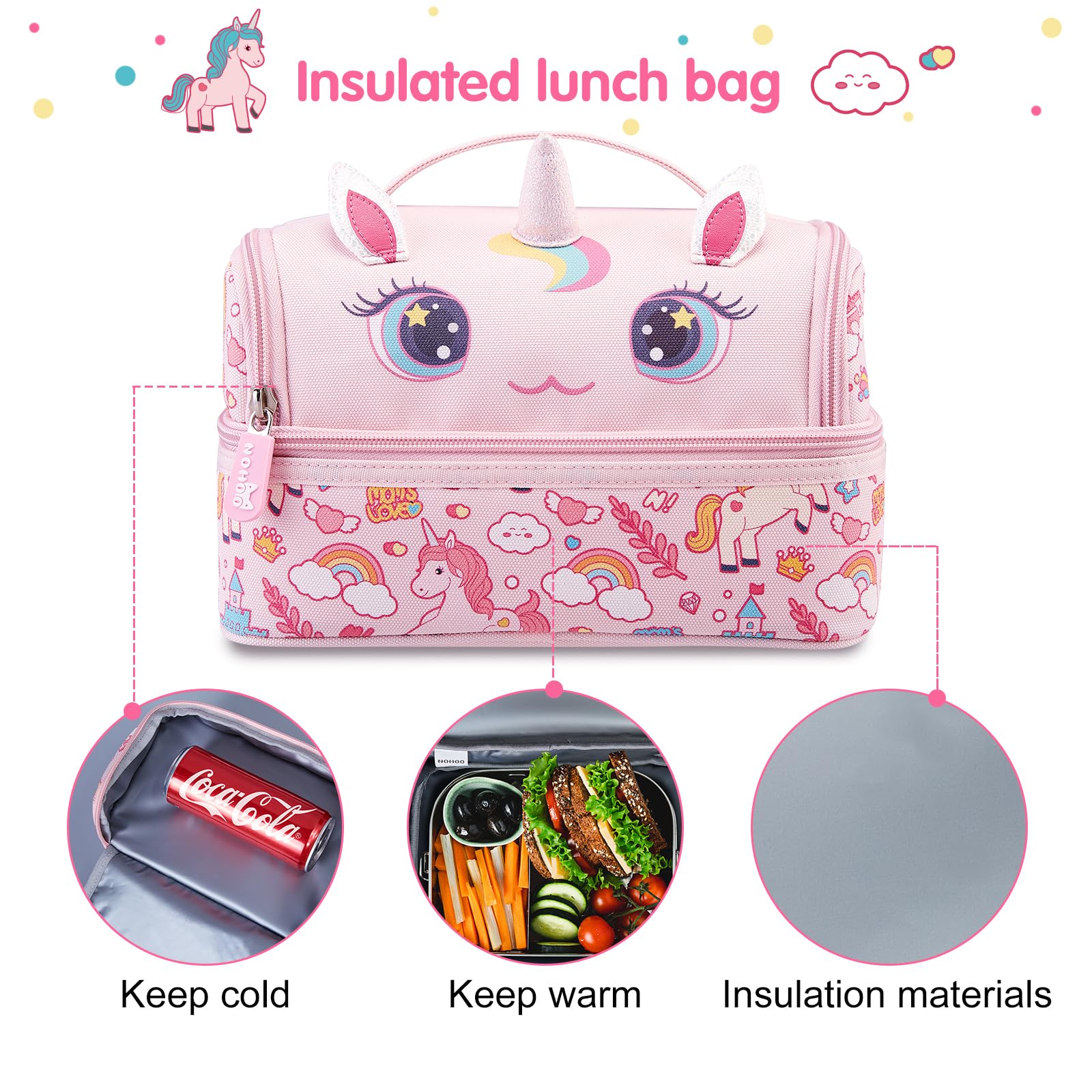 NOHOO Kids Lunch Bag, Insulated lunch bag Cooler Reusable Bilayer Lunch box tote for Women, Girls, Men, Boys, Schools, Offices, Work, Travel, Picnic,Party(Unicorn)