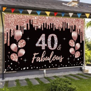 40th Birthday Decorations 40 & Fabulous Birthday Banner for Women, Rose Gold 40 Birthday Theme Sign Party Supplies, Forty Year Old Bday Background Photo Booth for Indoor Outdoor