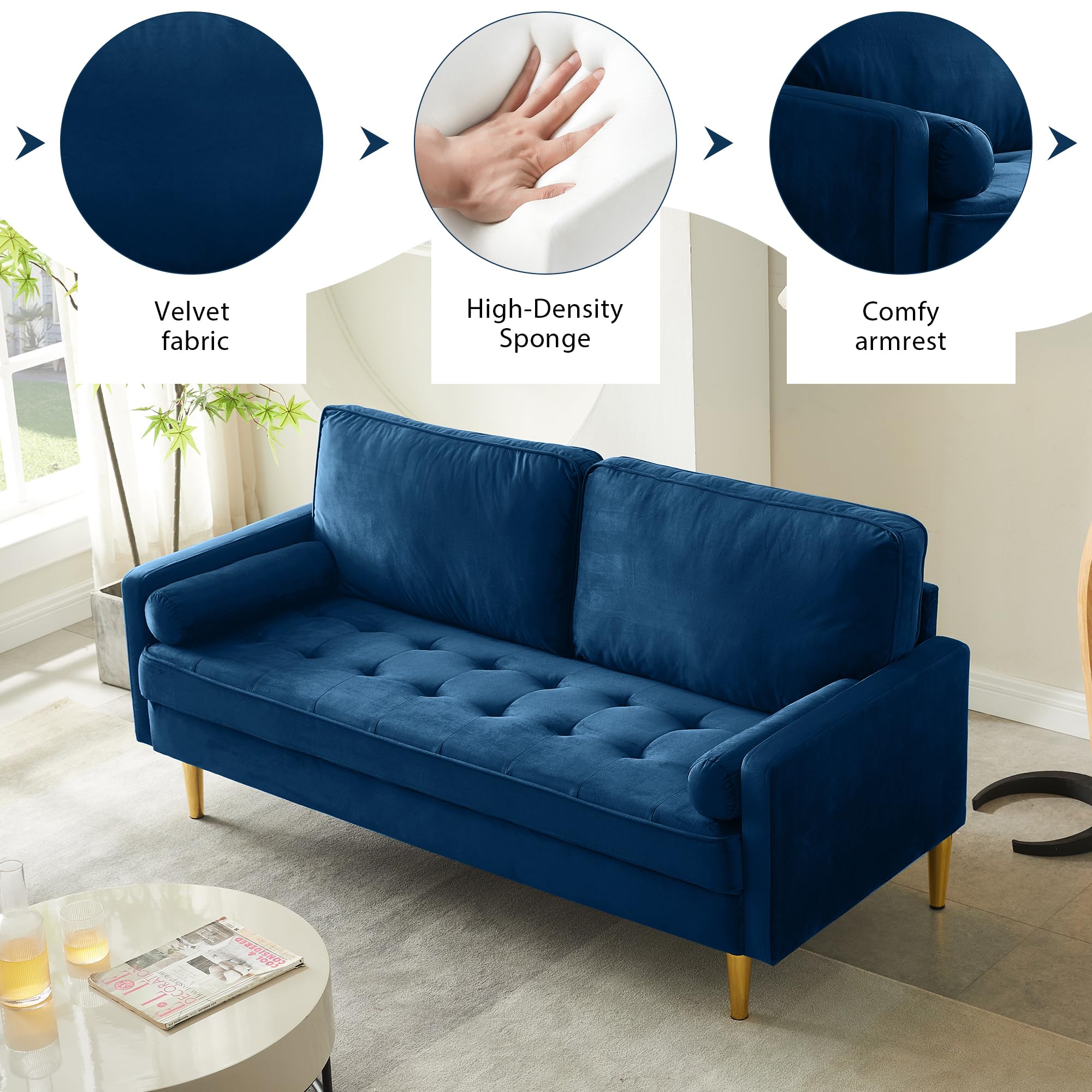 Hdxdkog Velvet Loveseat Sofa, 66.9'' Mid Century Modern Small Love Seats with 2 Pillows & Golden Legs Comfy Couch for Living Room, Upholstered 2 Seater Sofa for Small Apartment (Blue)