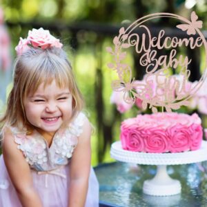 AHAORAY Welcome Baby Girl Cake Topper - Rose Gold Glitter Baby Shower Cake Decorations for Girl, Baby Girl Cake Topper, for Baby Shower/Baby Birthday Party/Baby Gender Reveal Party Photo Booth Props