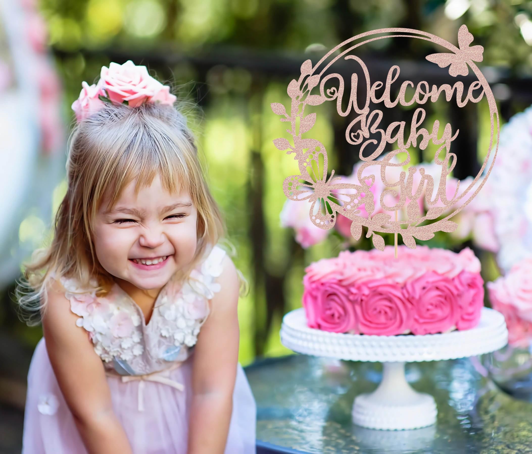 AHAORAY Welcome Baby Girl Cake Topper - Rose Gold Glitter Baby Shower Cake Decorations for Girl, Baby Girl Cake Topper, for Baby Shower/Baby Birthday Party/Baby Gender Reveal Party Photo Booth Props