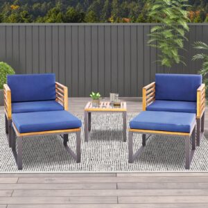 Tangkula 5 Piece Patio Chair Set, Acacia Wood Chair Set w/Ottomans & Coffee Table, Soft Seat & Back Cushions, Outdoor Wood Furniture Set for Backyard, Poolside, Garden