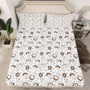 Erosebridal Cute Hedgehog Sheet Set Twin Size, Animal Pattern Sherpa Bed Sheets, Soft Kawaii Kids Sheets Hedgehog Gifts for Girls Women Hedgehog Lovers Leaves Branch Top Sheet with Deep Pocket