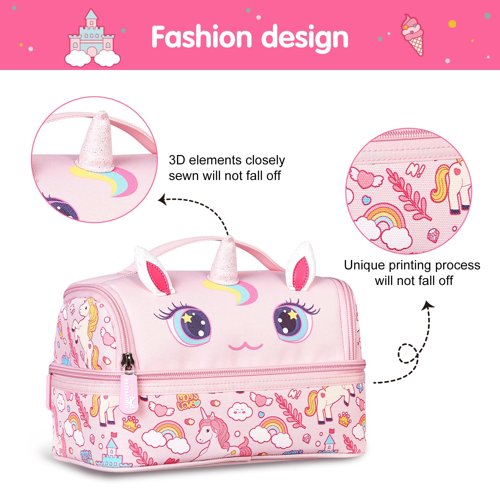 NOHOO Kids Lunch Bag, Insulated lunch bag Cooler Reusable Bilayer Lunch box tote for Women, Girls, Men, Boys, Schools, Offices, Work, Travel, Picnic,Party(Unicorn)