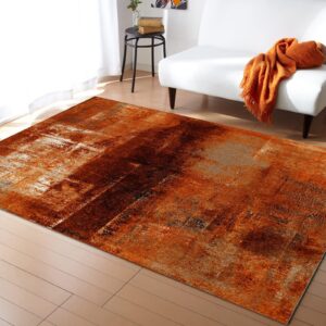 burnt orange modern abstract geometric oil painting art area rug, indoor non-slip kids rugs, machine washable breathable durable carpet for front entrance floor decor-6x8ft