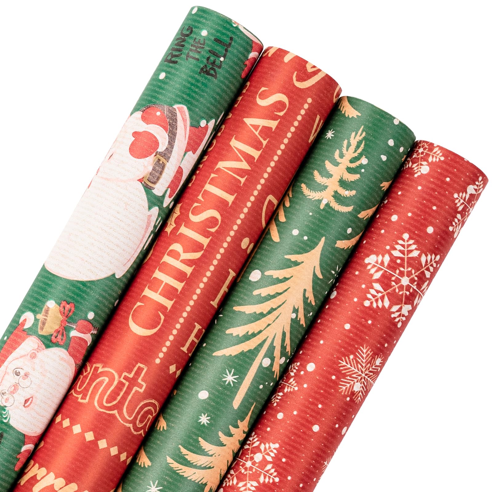 RUSPEPA Kraft Wrapping Paper Rolls - 17 inches x 10 feet per Roll, Total of 4 Rolls, Santa Claus, Snowflake and Christmas Tree Design