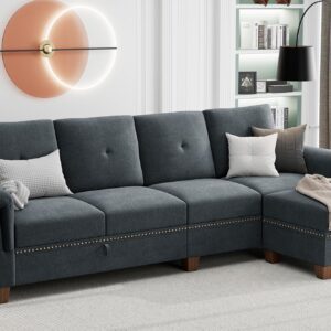 JAMFLY Sectional Couches for Living Room L Shaped Couch with Storage, 4-Seat Convertible Sectional Sofa Couch with Ottoman, Living Room Furniture Sets with Cup Holders, Dark Gray