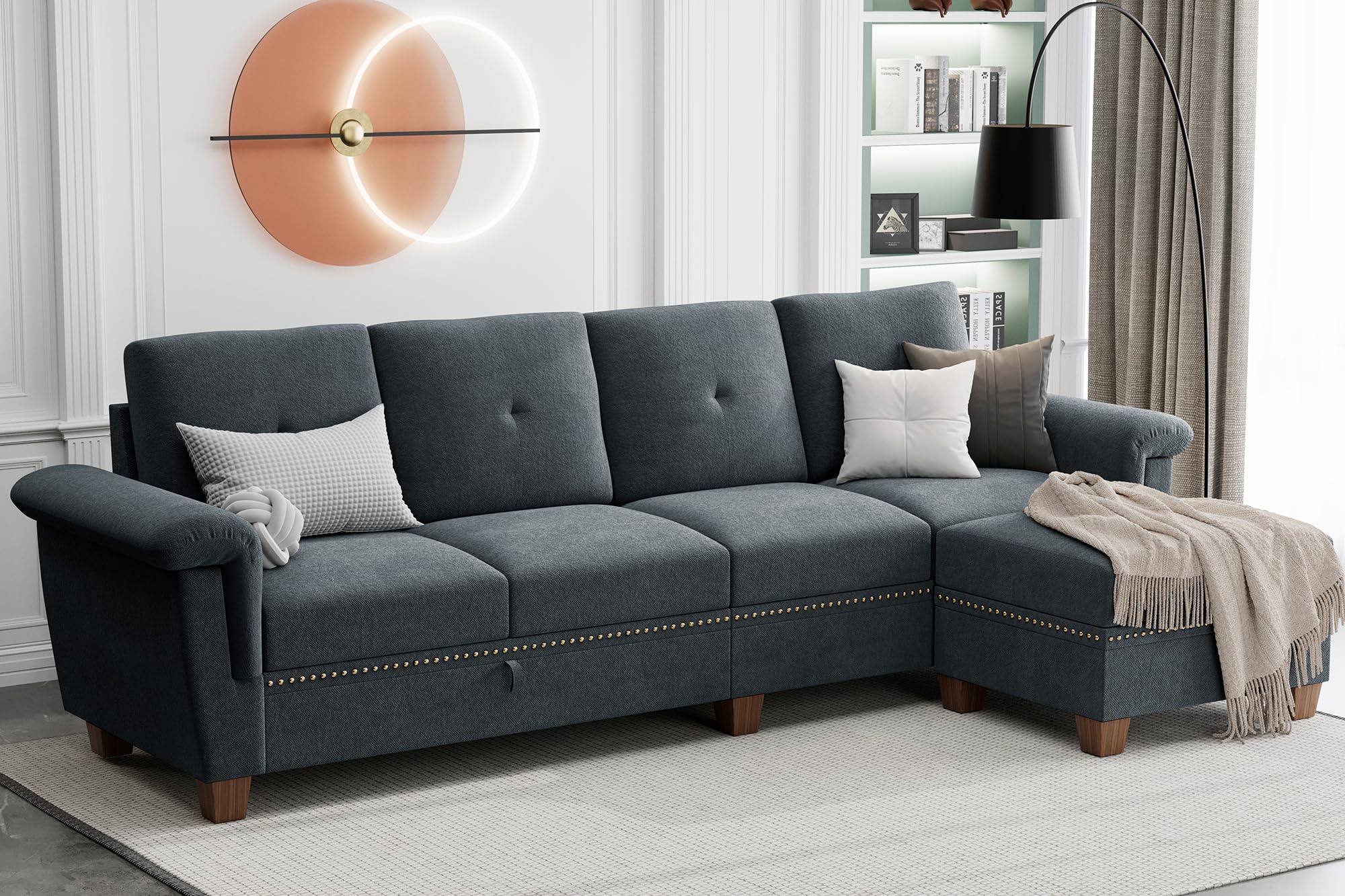 JAMFLY Sectional Couches for Living Room L Shaped Couch with Storage, 4-Seat Convertible Sectional Sofa Couch with Ottoman, Living Room Furniture Sets with Cup Holders, Dark Gray