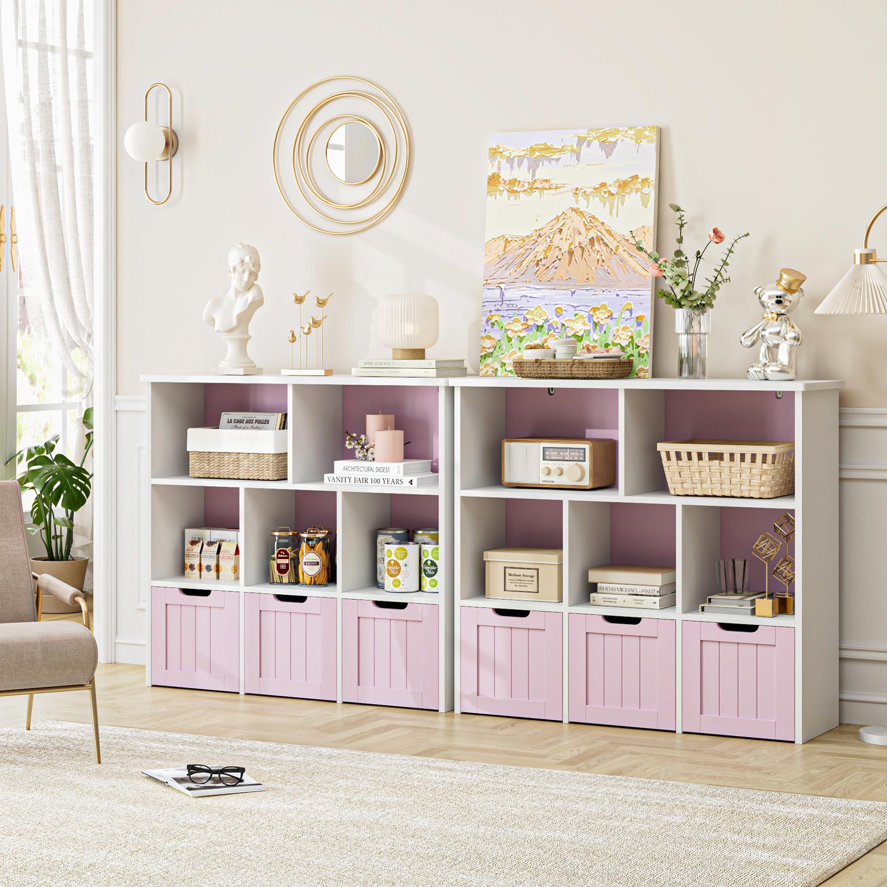 FOTOSOK Toy Storage Organizer with 3 Movable Drawers, Floor Storage Cabinet Toy Chest with Hidden Wheels and 5 Storage Cubbies, Multifunctional Storage Chest for Living Room, Home Office, Pink