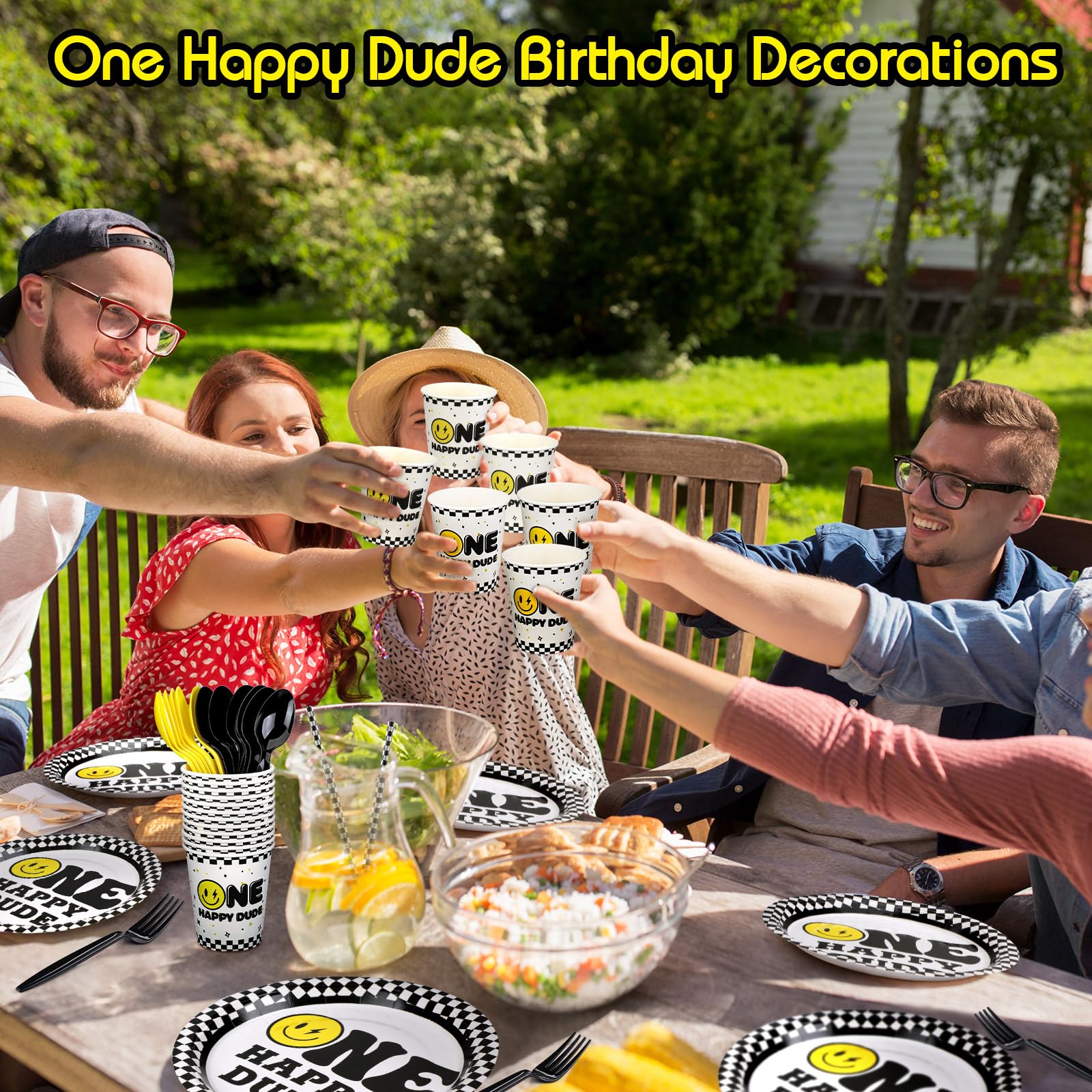 Norme 344 Pcs One Happy Dude Birthday Decorations Smile Face Party Tableware Serve 24 Guests, Include 7 in 9 in Paper Plates Disposable Knife Fork Spoon Napkins Cup Straw for 1st Birthday Baby Shower