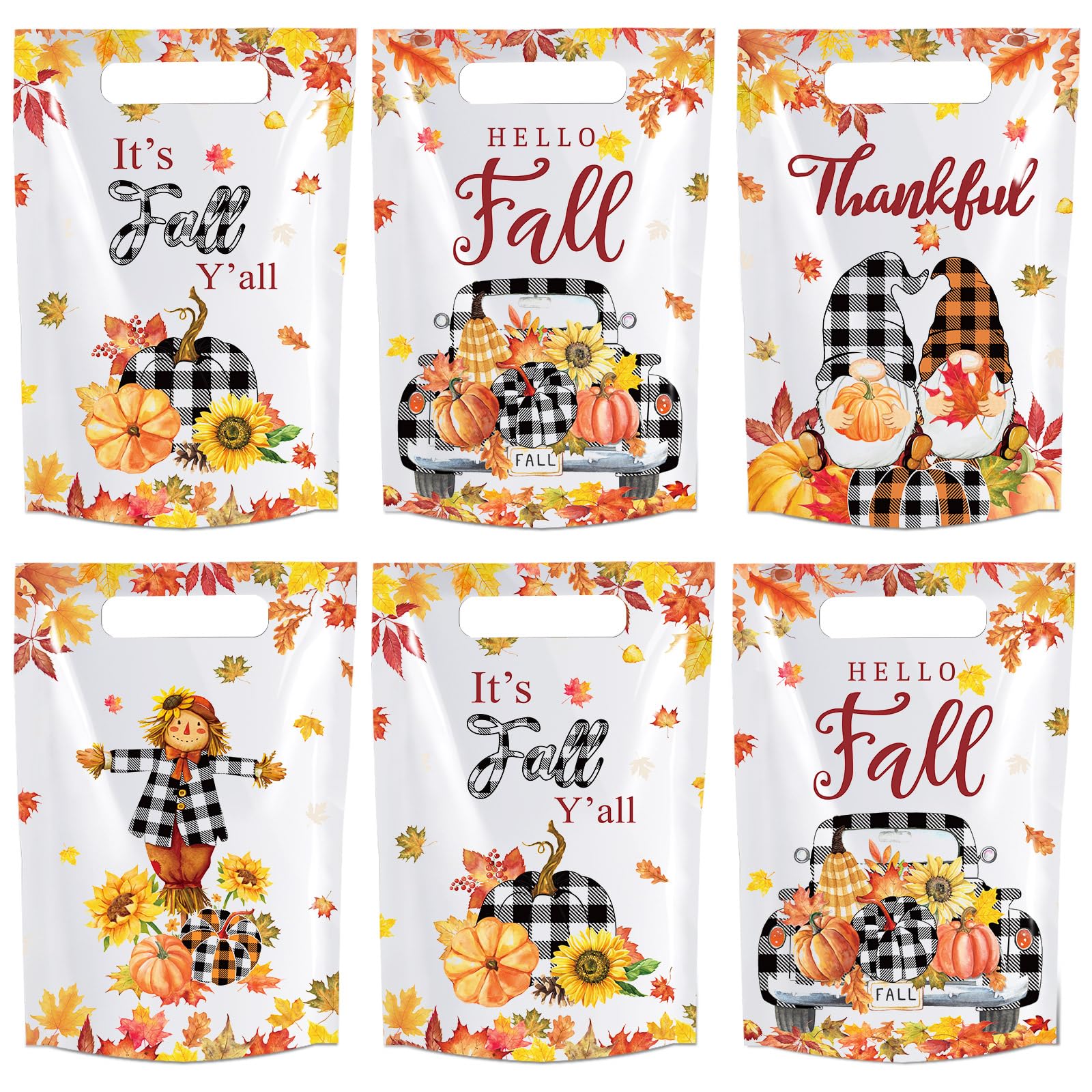 Qilery 100 Pcs Thanksgiving Party Plastic Favor Bags Fall Party Treat Bags Autumn Party Candy Bags Maple Leaves Pumpkin Goody Bags with Handles for Thanksgiving Day Autumn Harvest Fall Party Supplies