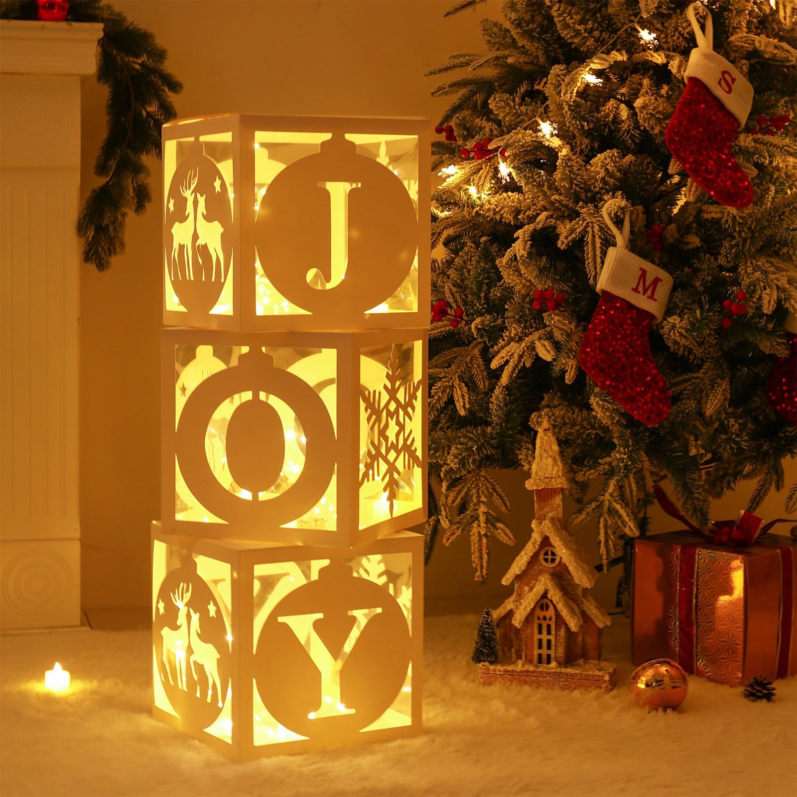 Light Up Christmas Decorations Indoor - 3pcs White Hollow-Out Paper Joy Boxes with Warm Light String, Holiday Fireplace Christmas Decorations for Home