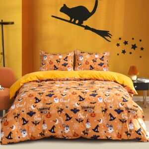 luxudecor halloween duvet cover set king size pumpkin bat tombstone witch hat cobweb pattern duvet cover orange soft microfiber halloween themes bedding set kids gift(3pcs, 104"x90")