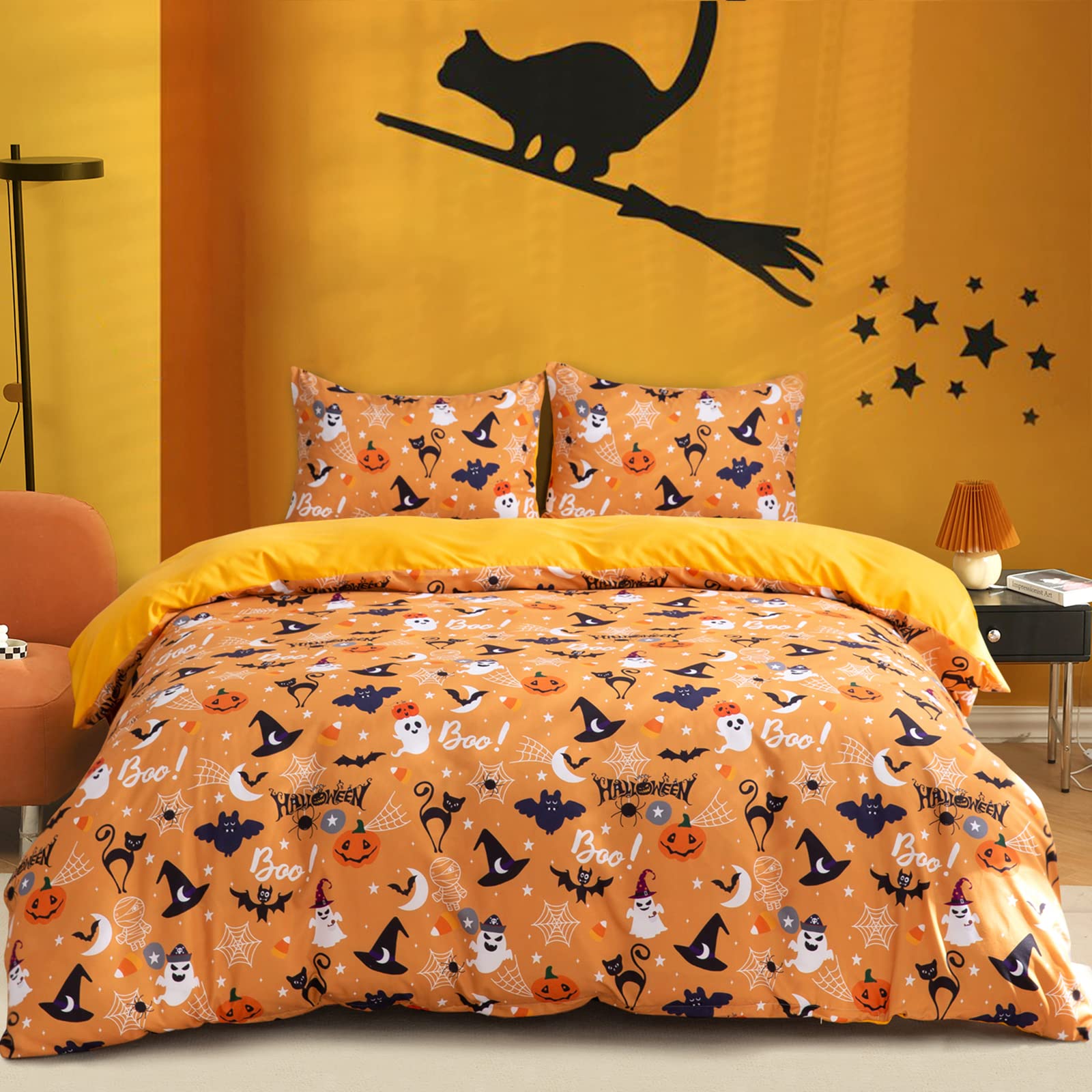 Luxudecor Halloween Duvet Cover Set King Size Pumpkin Bat Tombstone Witch Hat Cobweb Pattern Duvet Cover Orange Soft Microfiber Halloween Themes Bedding Set Kids Gift(3pcs, 104"x90")