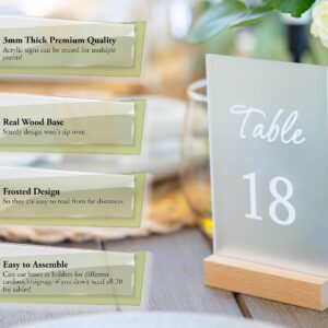 Table Numbers for Events/Weddings - 1-20 Numbered Acrylic Table Number Holders - Rustic Table Number Stands w/Wooden Base - Wedding Table Numbers - Acrylic Table Signs for Receptions, Parties & More