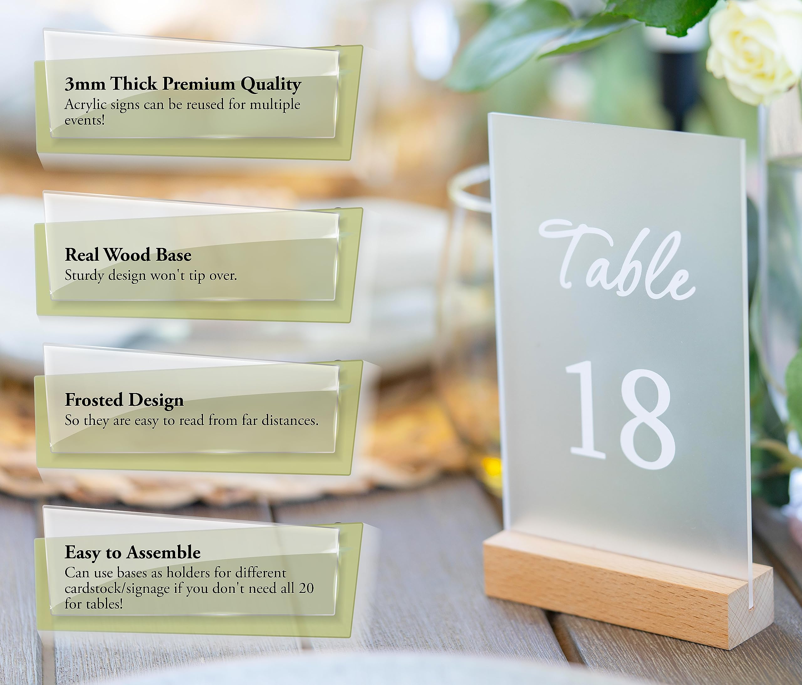 Table Numbers for Events/Weddings - 1-20 Numbered Acrylic Table Number Holders - Rustic Table Number Stands w/Wooden Base - Wedding Table Numbers - Acrylic Table Signs for Receptions, Parties & More