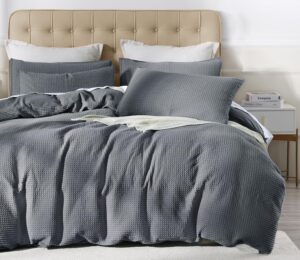 grassix waffle weave duvet cover 100% cotton king duvet cover set with zipper closure soft breathable textured bedding set for all seasons, comforter cover charcoal gray 104"x90"