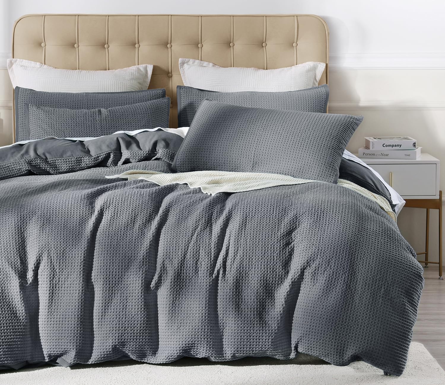 Grassix Waffle Weave Duvet Cover 100% Cotton King Duvet Cover Set with Zipper Closure Soft Breathable Textured Bedding Set for All Seasons, Comforter Cover Charcoal Gray 104"x90"