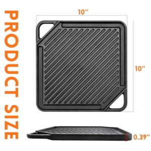 GGC Cast Iron Reversible Griddle, 2-In-1 Griddle Pan for Gas Grills and Stove Tops, 10 x 10 Square Baking Flat and Ribbed Griddle Plate