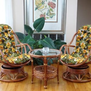 Bali Lounge Swivel Rocking Chair with Floral Cushion Natural Rattan Wicker Handmade, Colonial