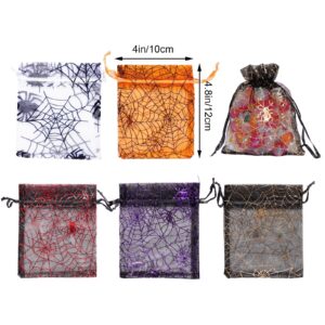 100PCS Halloween Organza Bags Gift Jewelry Candy Bags for Halloween Party Including 5 Patterns 4x4.8Inch