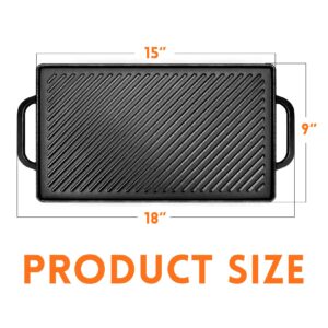 GGC Cast Iron Reversible Griddle, Double-sided Griddle Pan for Indoor and Outdoor Cooking, 15 x 9 Griddle Plate with Flat and Ribbed Side for Stove Tops, Gas Grills and Camping