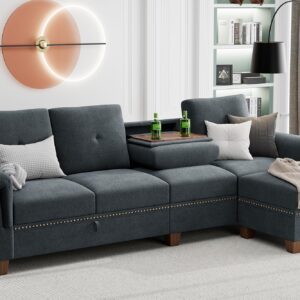 JAMFLY Sectional Couches for Living Room L Shaped Couch with Storage, 4-Seat Convertible Sectional Sofa Couch with Ottoman, Living Room Furniture Sets with Cup Holders, Dark Gray