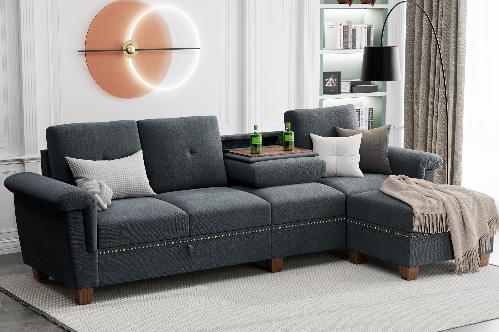 JAMFLY Sectional Couches for Living Room L Shaped Couch with Storage, 4-Seat Convertible Sectional Sofa Couch with Ottoman, Living Room Furniture Sets with Cup Holders, Dark Gray