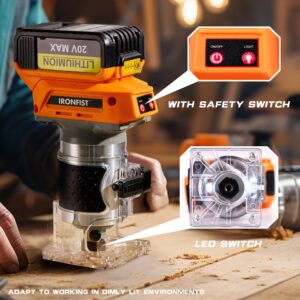 IRONFIST Cordless Palm Router for DEWALT 20V MAX Battery, Wood Trimmer Woodworking Trimmer Brushless Motor 6 Speeds Adjustable 1/4" Collet Suitable for Home Repairing, DIY, Carving (NO Battery)