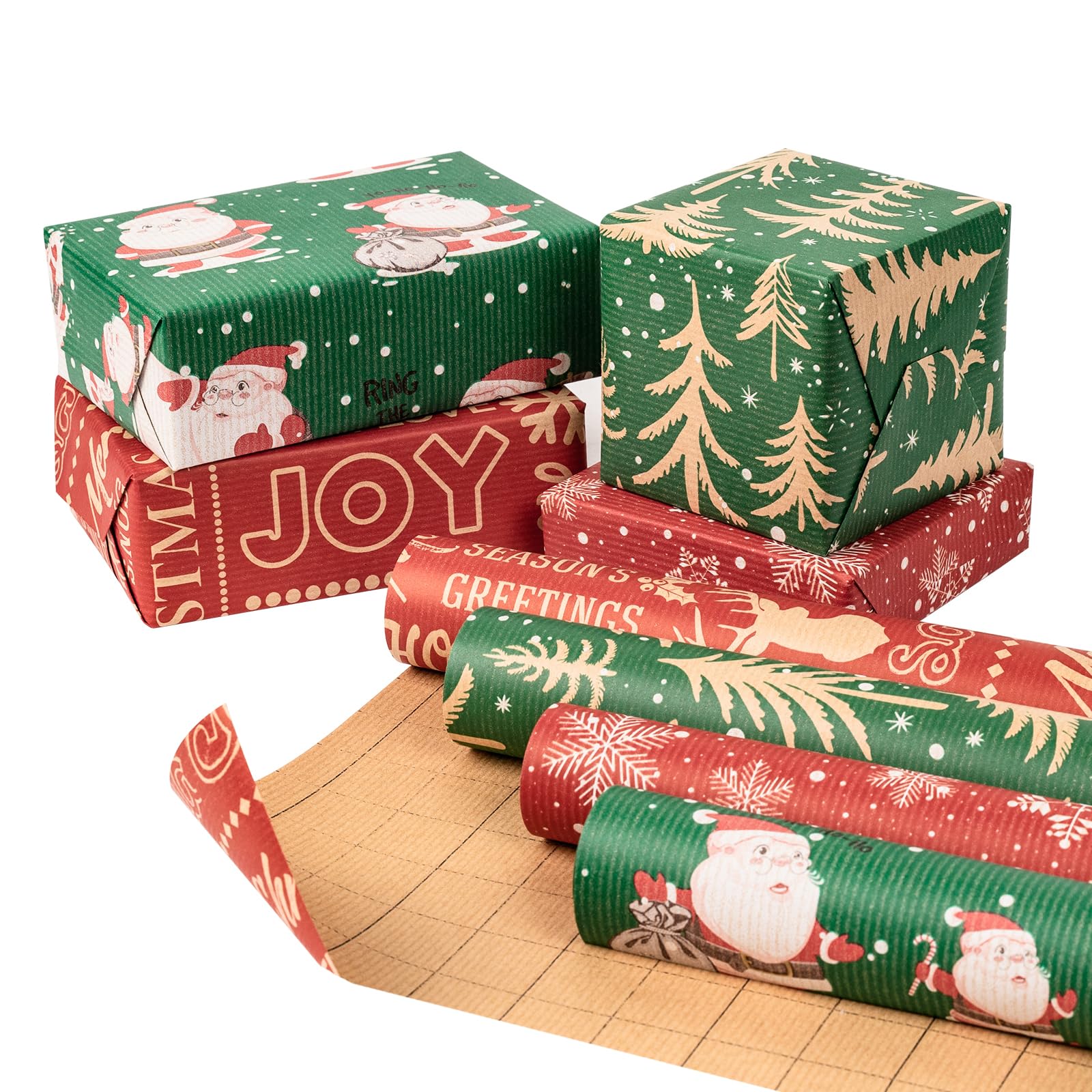 RUSPEPA Kraft Wrapping Paper Rolls - 17 inches x 10 feet per Roll, Total of 4 Rolls, Santa Claus, Snowflake and Christmas Tree Design